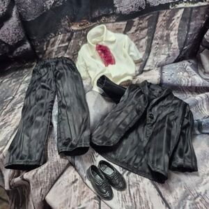 Vintage Barbie Ken Doll Tuxedo Pin Stripe Satin Burgundy Lace Tie Shoes EUC